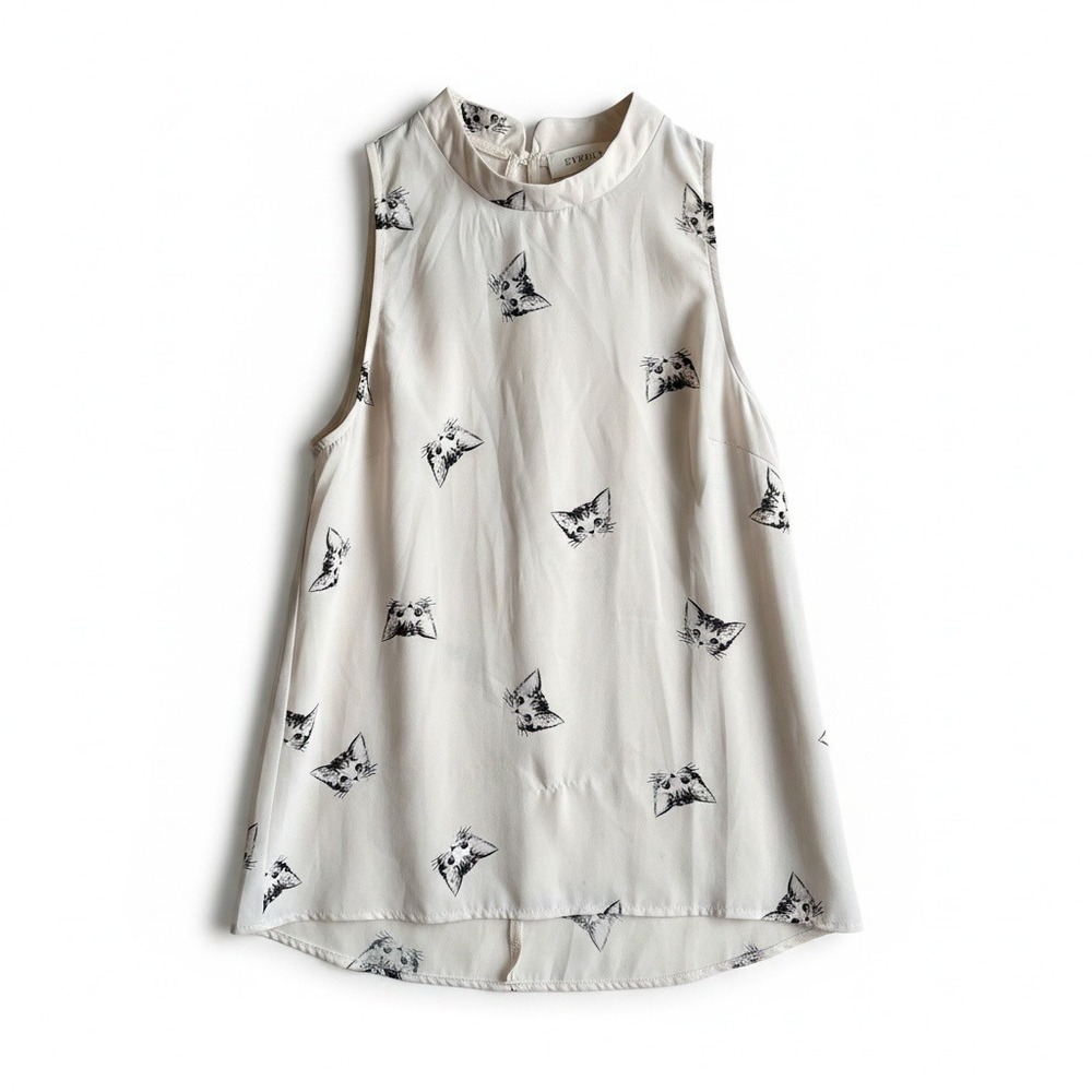 Everly Cat Print Sleeveless Blouse Womens M Ivory Mock Neck Polyester Top